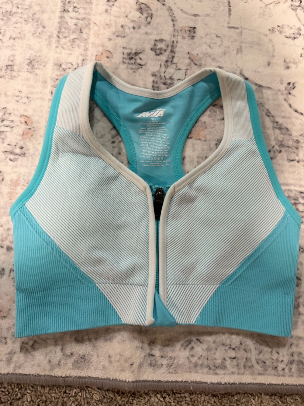 Avia Front-Zip Racerback Sports Bra - Aqua and White